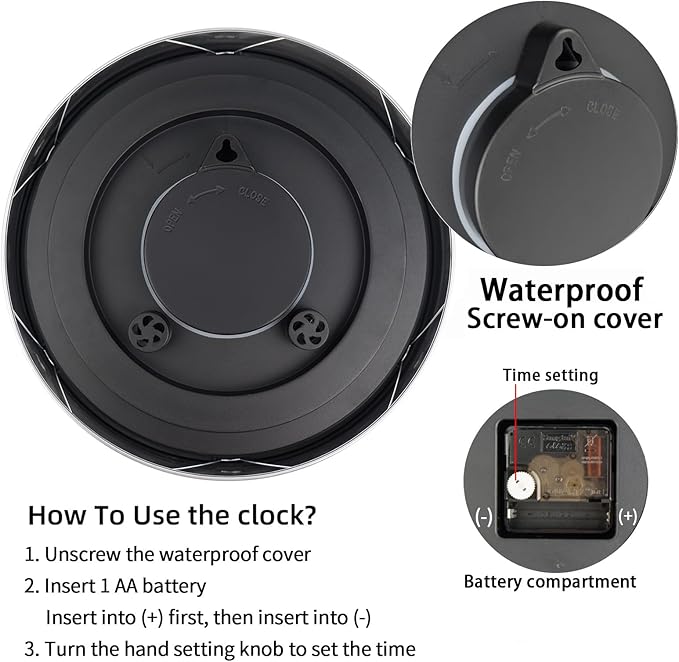 Caysie 12 Inch Sealed Indoor Outdoor Clocks Waterproof with Thermometer and Hygrometer Combo, Silent Battery Operated Quartz Wall Clock for Patio Pool Bathroom Outside Home (Silver)