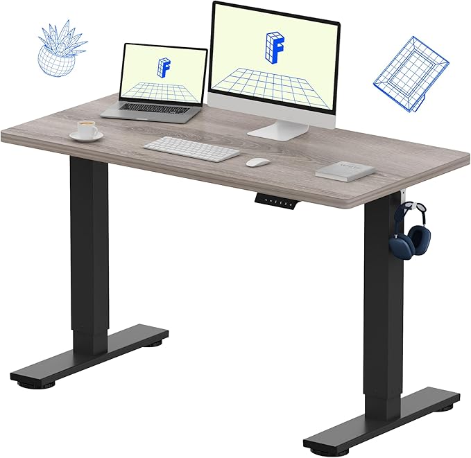 FLEXISPOT EN1 One-Piece Standing Desk with 1-Inch Thick Desktop, 48"x24" Electric Height Adjustable Desk for Home Office & Multi-Device Workstations, Gray Wood