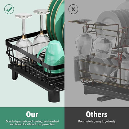 MOUKABAL Dish Drying Rack, Dish Rack, Stainless Steel Dish Racks for Kitchen Counter, Dish Drainer with Removable Utensil Holder, Drainboard (Black,13''W x 17''L)