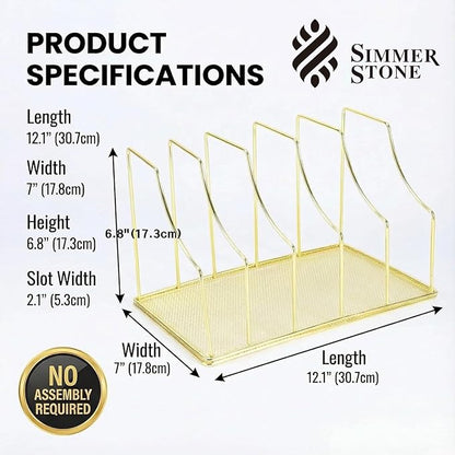 Gold Binder Organizer for Desk, 5 Slot Metal Wire Vertical File Sorter with Mesh Bottom, Large Desktop Magazine Holder Rack for 2 Inch Binders, Medical Coding Books, Vinyl Records, 12.1"