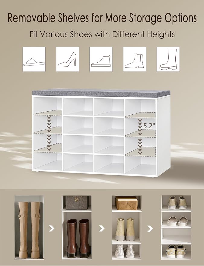 DINZI LVJ Shoe Storage Bench with Cushion, 16-Cubby Shoe Rack, Adjustable Shelves, Multifunctional Shoe Organizer Bench for Entryway, Mudroom, Hallway, Living Room, Bedroom and Garage, White