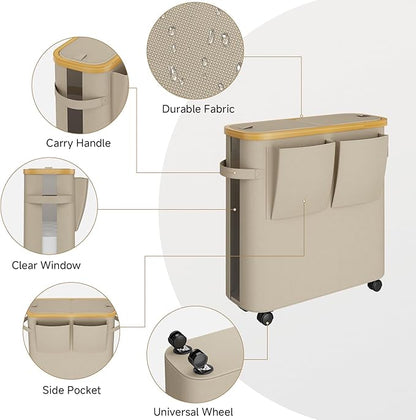 VITVITI Toilet Paper Storage Basket with Lid, Bathroom Toilet Paper Holder Organizer for 9-12 Rolls Large Capacity, Foldable Fabric Bamboo Toilet Paper Container with Pockets, Medium (Khaki)