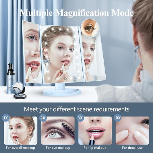 HUONUL Makeup Mirror, Vanity Mirror with Lights, 2X/3X/10X Magnification, Touch Control, Trifold, Dual Power Supply, Birthday Gifts for Women, Wife, Mom, Girls,Dorm Room Essentials