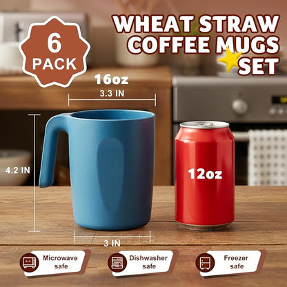 Coffee Mugs Set of 6, Wheat Straw Cups 16 OZ, Unbreakable Coffee Mugs with Handles, Reusable Tea Cup, Microwave Safe & Dishwasher Safe Coffee Tea Cups for Kitchen, Camping, RV, Multi