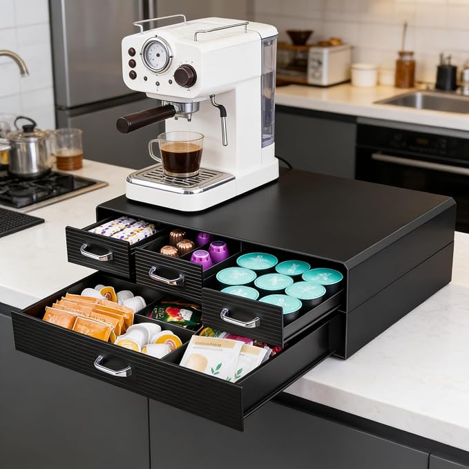 SZQINJI Coffee Pod Organizer 72/96 Pods Coffee Capsule Holder 2-Tier Coffee Pod Storage 4-Drawer Compact, Compatible with Keurig K-cup & Nespresso Capsule