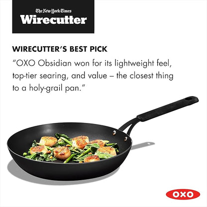 OXO Obsidian Pre-Seasoned Carbon Steel, 12" Frying Pan Skillet with Removable Silicone Handle Holder, Induction, Oven Safe, Black