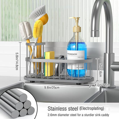 HOKEMOM Silver Sponge Holder for Kitchen Sink,Sink caddy organizer - 2.6mm Thick 304 Stainless Steel Caddy with Rust-Proof Coating, Non-Slip No-Drain Base. Dimensions: 9.84" x 4.72" x 5.83"