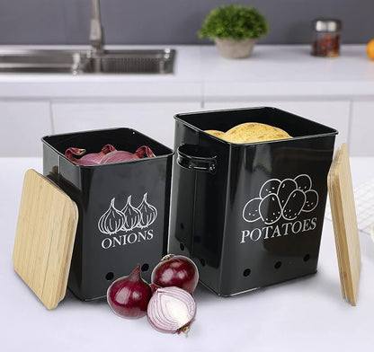 Kitchen Vegetable Storage Tins Set of 2, Onion and Potato Storage Bins with Wooden Lid and Aerating Holes, Garlic Bin Caddy, Vintage Kitchen Decor, Black