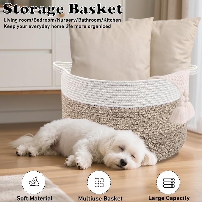 65L Large Blanket Basket,Woven Rope Laundry Basket Hamper with Handles,Decorative Nursery Basket Storage Bin for Toys, Pillows, Clothes Organizer, Living Room, Bedroom, Bathroom, Brown