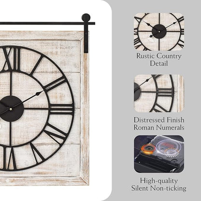 Vintage Barn Door Wall Clock - Distressed White Wash Finish, Large Rustic Farmhouse Wood Clock for Home, Wall and Farmhouse Décor, 24x23.6 Inches