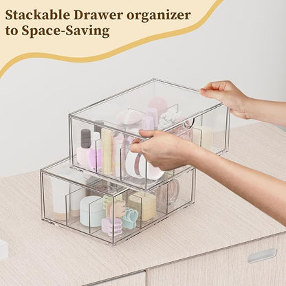 2 Pack Clear Tea Bag Organizer, Stackable Drawer Organizer with Dividers for Pantry Bathroom Vanity Kitchen - Cabinet Countertop Shelf Plastic Storage Bins for Coffee/Makeup/Cosmetic/Crafts/Jewelry