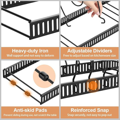 Housolution 2 Pack Pot and Pan Organizer, 12"-23" Expandable Pot Lid Organizer with 14 Adjustable Dividers, Pan Lid Holder Storage Rack for Cabinet, Black