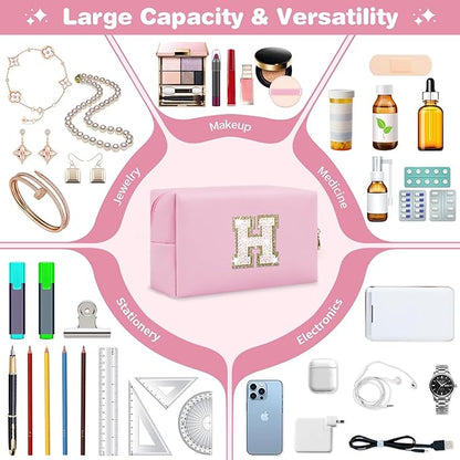 Small Personalized Initial A-Z Patch Makeup Bag,Pink Cute PU Leather Glitter Letter Cosmetic Bag for Teen Girls,Travel Toiletry Bag with Zipper,Preppy Monogrammed Birthday Gift for Daughter Niece H
