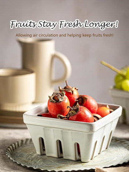 Gomakren Fruit Basket for Kitchen, Fruit Bowl with Holes, Ceramic Berry Basket Set of 2, 5.7 Inch Square Berry Containers Colander - Farmhouse Kitchen Decor, White
