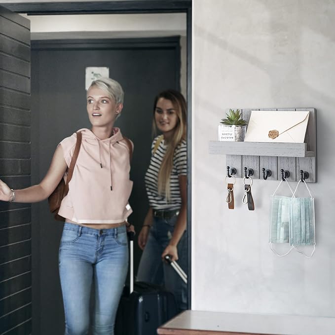 Rebee Vision Decorative Key and Mail Holder for Wall - Modern Key Hooks with Shelf and Mail Organizer Wall Mount for Frmhouse House Decor - Stylish Apartment Essentials (Gray, 3.54"D x 10"W x 7.28"H)