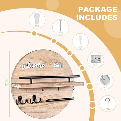 Key Holder for Wall Decorative, Key Hooks Wall Mounted with Shelf and Wooden Key Holder Round Key Hooks for Entryway Mudroom Hallway Kitchen Office (Wood)