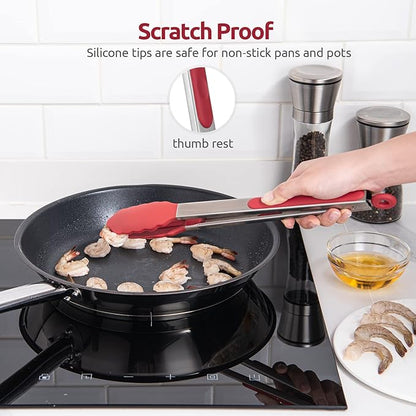 600ºF Heat Resistant Kitchen Tongs: U-Taste 12 inch Large Silicone Cooking Tong with Sturdy Non Stick Rubber Tips & Silicon Coated 18/8 Stainless Steel Handle & Smooth Locking for Serving Grill (Red)