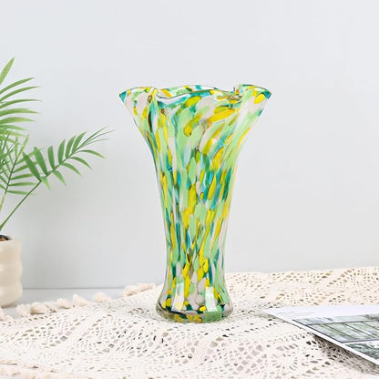 9.0"H Green Glass Vases for Flowers, Unique Hand Blown Glass Vase Green Gold Home Decor, Wide Mouth Colorful Flower Vase Centerpieces, For Living Room Table Bookshelf, Bathroom Office Shelf Decorative