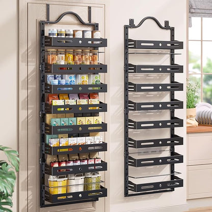 8-Tier Pantry Door Organizer, Large 2 IN 1 Wall Mount or Over The Door Pantry Organizer, Pantry Door Spice Rack with Adjustable Baskets, Over Door Organizer for Kitchen,（72.6×17.1×5.1in,Black)