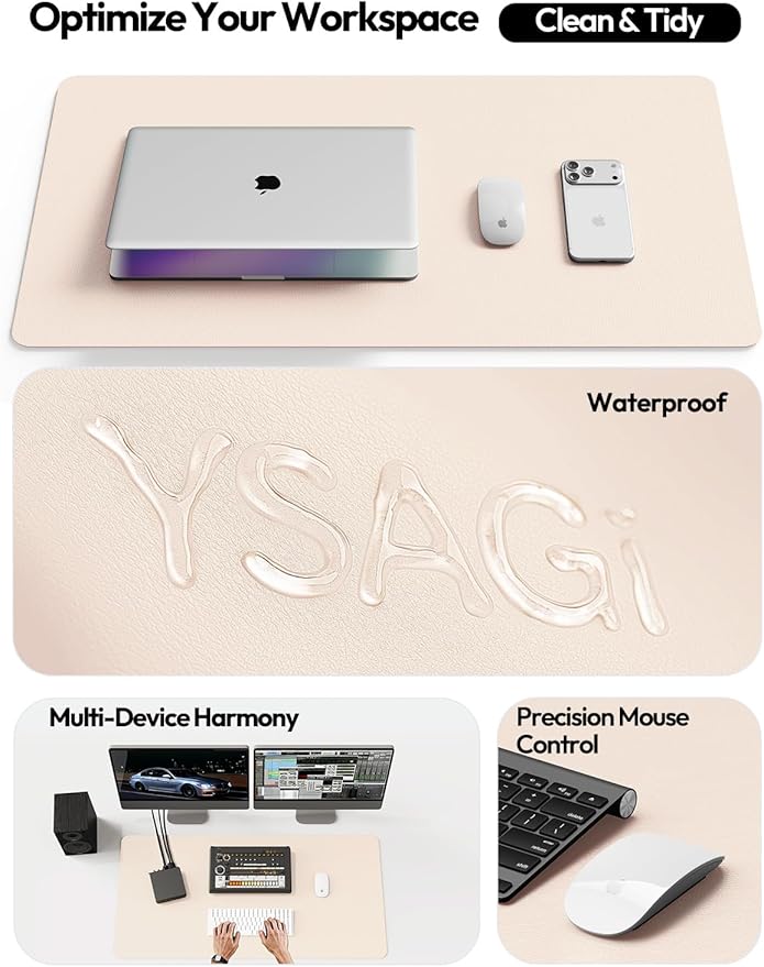 YSAGi Leather Desk Protector, Office Mat, Large Mouse Mat, Non-Slip PU Leather Blotter, Laptop Desk Pad, Waterproof Writing Pad for Office and Home (Cream, 47.2" x 23.6")