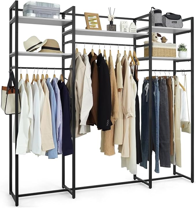 CAPHAUS 913lbs Capacity Heavy Duty Clothing Rack, 75" W Metal Garment Rack with Drawers Hanging Rods and Wood Shelves, Freestanding Closet Organizer, White Board