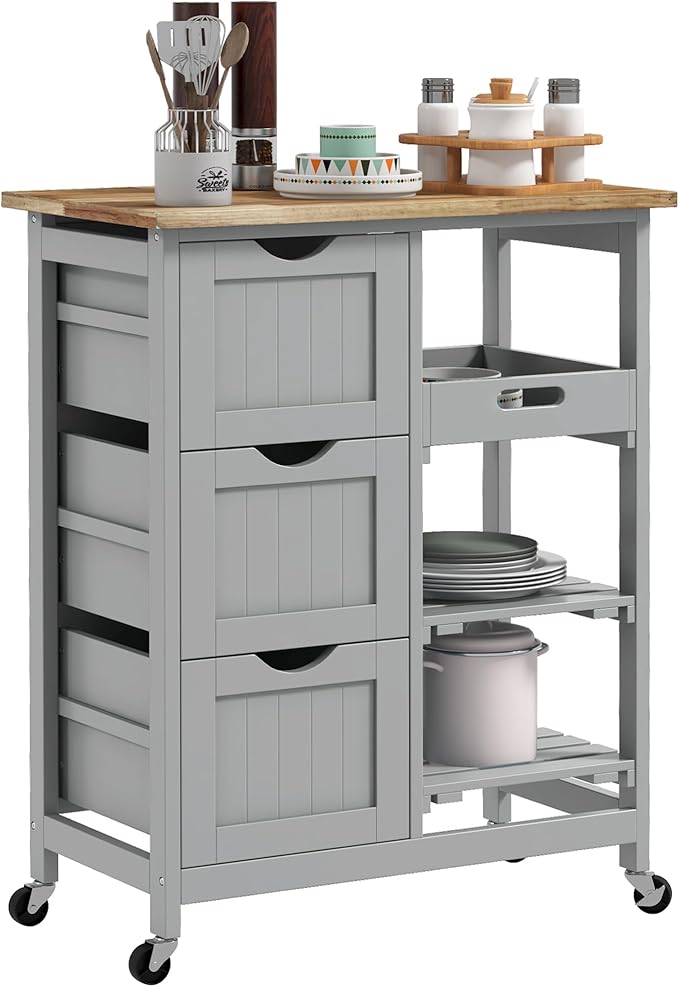 HOMCOM Rolling Kitchen Island Cart, Bar Serving Cart, Compact Trolley on Wheels with Wood Top, Shelves & Drawers for Home Dining Area, Gray