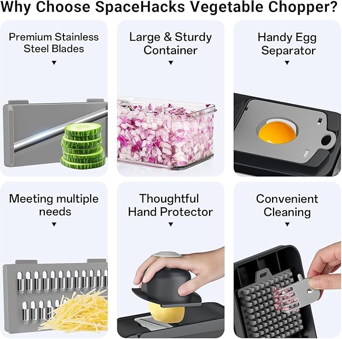 SpaceHacks 15-in-1 Vegetable Chopper, Kitchen Gadgets with 10 Blades, Veggie, Food, Onion Chopper, Cucumber Slicer, Versatile Mandoline, Includes Egg Separator & Finger Guard, Gray