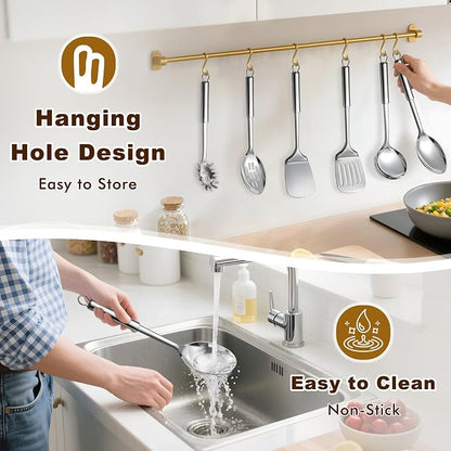6 Pcs Cooking Utensils Set, Stainless Steel Kitchen Utensils, Heat Resistant Metal Kitchen Tools Include Solid & Slotted Turner Wok Spatula, Serving Spoon, Ladle, Pasta Server, Easy to Clean, Silver