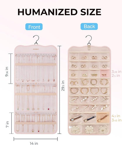 BAGSMART Hanging Jewelry Organizer Storage with Hanger Metal Hooks Double-Sided Jewelry Holder for Earrings, Necklaces, Rings on Closet, Wall, Door, 1 piece Large Pink
