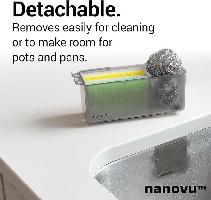 Nanohold Kitchen Sink Caddy for Flat Surfaces - Strong Hold Easy Install Kitchen Sink Organizer with Drainage Holes - Soap Sponge, Dishwashing Tools and Dish Brush Holder - Home Accessories by Nanovu