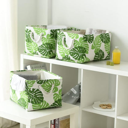 Storage Cubes, Storage Bins Baskets for Organizing 4 Pack for Organizing Toys, Clothes, Closet Baskets with Rope Handles for Nursery Home(White and Green,15.7"L×11.8"W×8.2"H)
