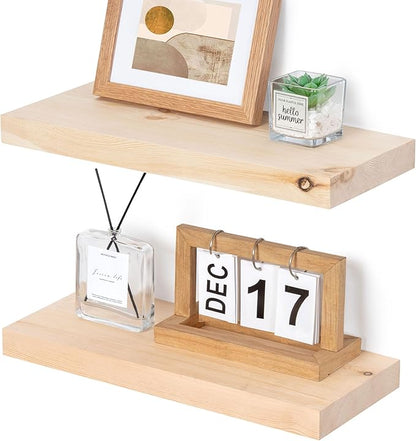Marsmiles Natural Wood Floating Shelves | Unfinished Wood Wall Shelves Set of 2 | 16" W x 6.7" D Rustic Wooden Floating Shelves for Bathroom Kitchen Living Room Bedroom