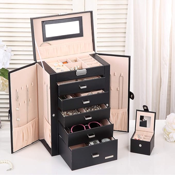 Homde 2 in 1 Huge Jewelry Box/Organizer/Case Faux Leather with Small Travel Case - Gift for Girls or Women (Black)
