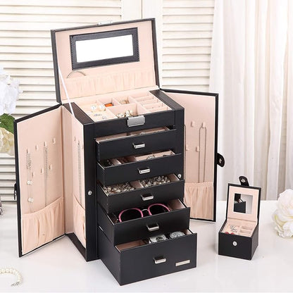 Homde 2 in 1 Huge Jewelry Box/Organizer/Case Faux Leather with Small Travel Case - Gift for Girls or Women (Black)