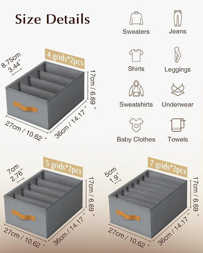 DIMJ Wardrobe Clothes Organizer - 4/5/7 Grids Foldable Closet Drawer Organizer Dividers for Jeans, Pants, Sweater, T Shirt, Storage Bins with Handles for Shelf