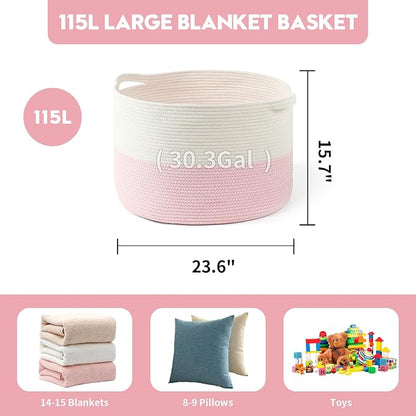 Foldable Laundry Hamper Basket with Collapsible Handle Cotton Rope Soft Woven Fabric Storage Organizer Clothes Toys Nursery Bedroom Dorm Space Saving Bin (White & Pink, 115L(23.6"D x 15.7"H))