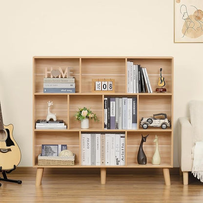 LEYAOYAO 10 Cube Bookshelf,3 Tier Modern Wide Bookcase with Legs,Mid-Century Wood Bookshelves Storage，Natural Large Book Case,Freestanding Organizer Display Shelf for Bedroom,Living Room,Office