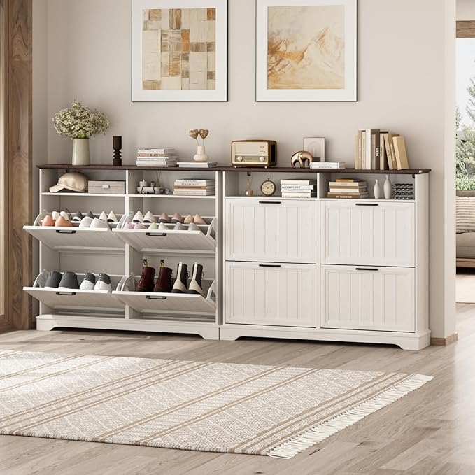 Shoe Storage Cabinet with 4 Flip Drawers, Farmhouse Modern Hidden Shoes Rack Cabinet with Adjustable Shelves & Open Storage, Narrow Slim Shoe Organizer for Front Door Entrance, Entryway, Antique White