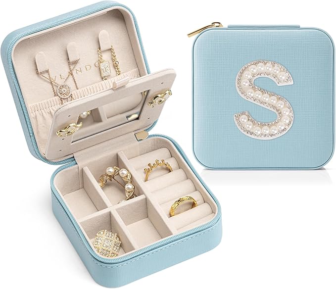 Vlando Travel Jewelry Box for Girls Women, Initial Jewelry Organizer Box Travel Must Haves Jewelry Case for Girls, Travel Necklace Earrings Ring Box for Daughters, Valentines Gift - Letter S, Blue