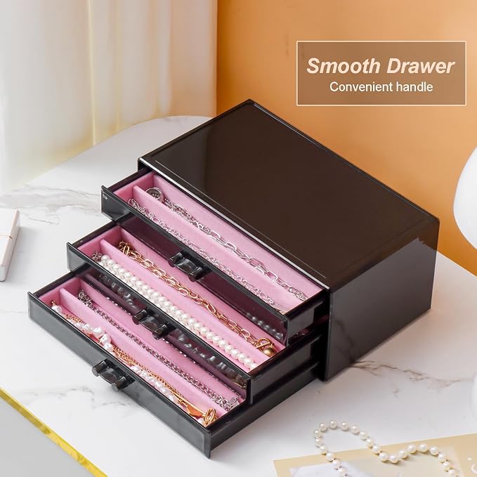 YUFONG Necklace Holder Organizer, Dustproof Necklace Box Velvet Necklace Organizer Box with Lid Clear Acrylic Dustproof Stackable Jewelry Displays for Necklaces Chain Display (Black Pink, 3 Drawer)