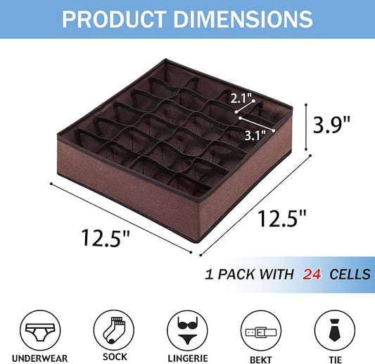 Foldable Storage Cubes Drawer Underwear Organizer Dividers， under Cabinet Organizer 24-Cell Fabric Storage Boxes for Lingerie,Socks,Ties （Coffee）
