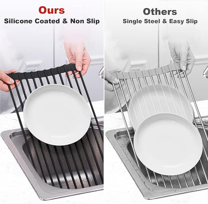 MERRYBOX Roll Up Dish Drying Rack Silicone Wrapped Over The Sink Dish Drying Rack Multipurpose Foldable Sink Drying Mat Anti-Slip & Anti-Rust Dish Rack for Kitchen, 17.5" x 13", Black