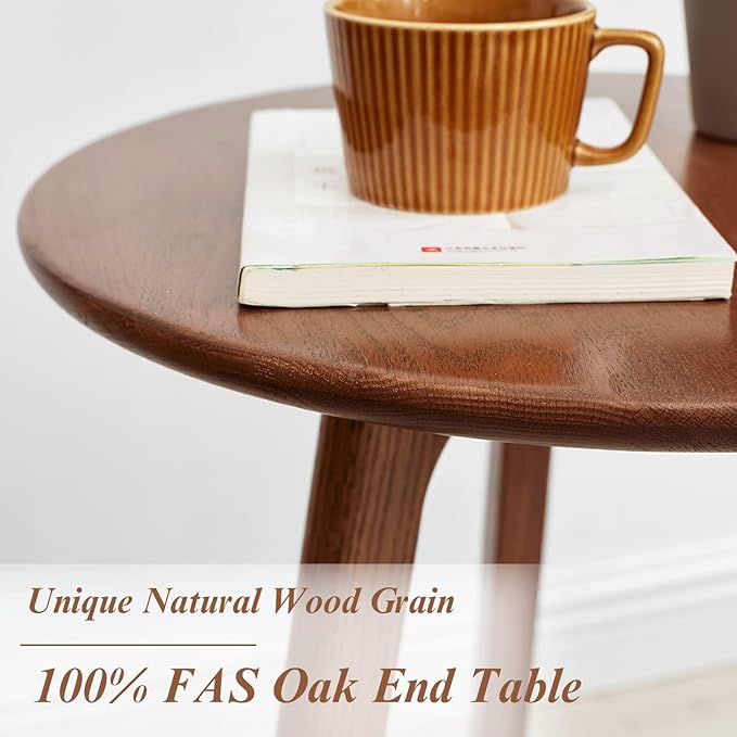 Round Side Table - 100% Natural Solid Oak Wood - 3 Legs Wood End Table for Living Room - Easy Assembly, Elegant Round End Table - Eco-Friendly Painted Small Side Table (Colour: Walnut)