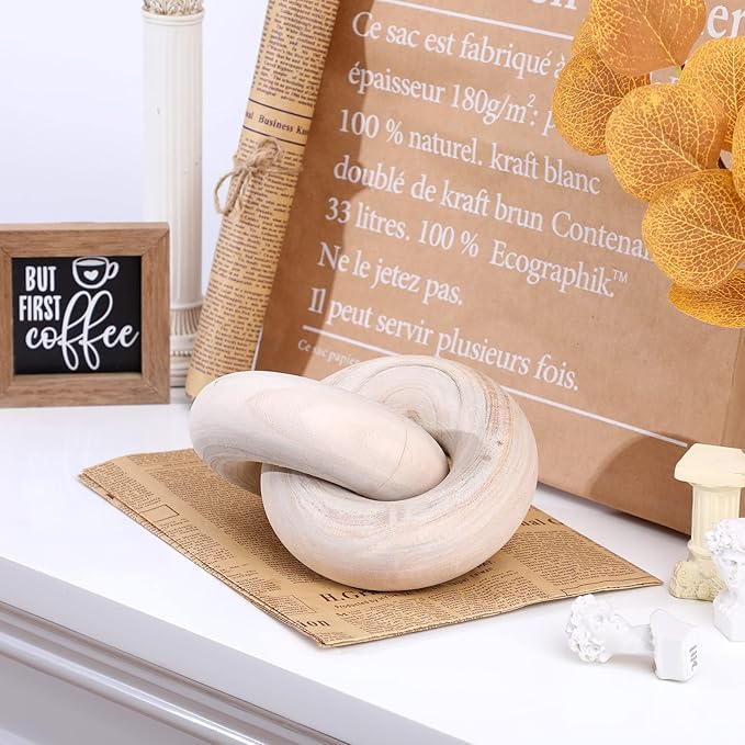2 Link Wood Chain Link Decor Coffee Table Wooden Knot Decor Hand Carved Modern Farmhouse Ornament Boho Rustic Natural Chain Items for Home Living Room Bedroom Shelf Decorations(Wood)