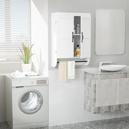 SRIWATANA Bathroom Storage Wall Cabinet Over The Toilet with Adjustable Shelf, Space Saver 2-Door Medicine Cabinet with Metal Bar, White