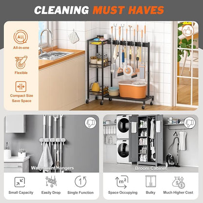 Broom Holder with Cleaning Supplies Organizer, Broom Closet Storage Cabinet with Cleaning Caddy, Cleaning Cart with Mop Hanger Gripper Rack Hooks,Janitorial Housekeeping cart,Laundry Room Organization
