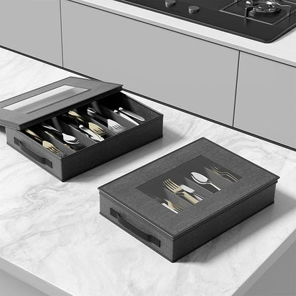 Aokeyee 2 Pack Silverware Storage Box, Sturdy Flatware & Utensil Storage Case with Adjustable Dividers, 5 Compartment Silverware Organizer with Lid and Handle for Utensil, Flatware, Knives, Gray