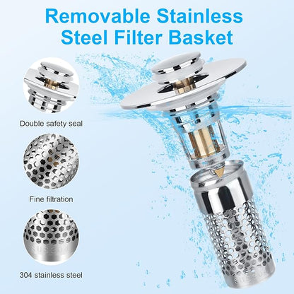 Adoric Bathroom Sink Stopper 2Pack, Sink Drain for Bathroom Pop Up Stopper with Removable Stainless Steel Filter Basket Hair Catcher for Standard 1.06"-1.50" Sink Basin Hole