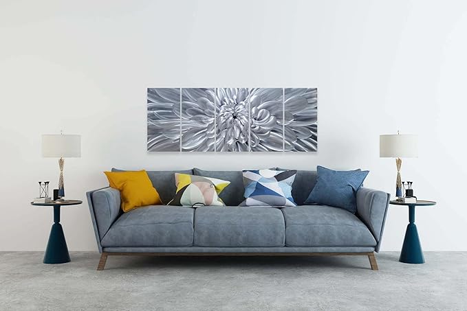 YHSKY ARTS Silver Floral Metal Wall Art - Hand Crafted 5 Piece Aluminum Sculpture Set for Living Room and Bedroom Decor