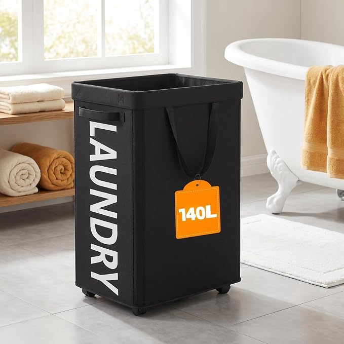 Optish 140L Laundry Hamper with Wheels, Rolling Laundry Basket with Removable Mesh Bag, Extra Large Clothes Hamper for Bedroom, Bathroom, Dorm Room Essentials, Black